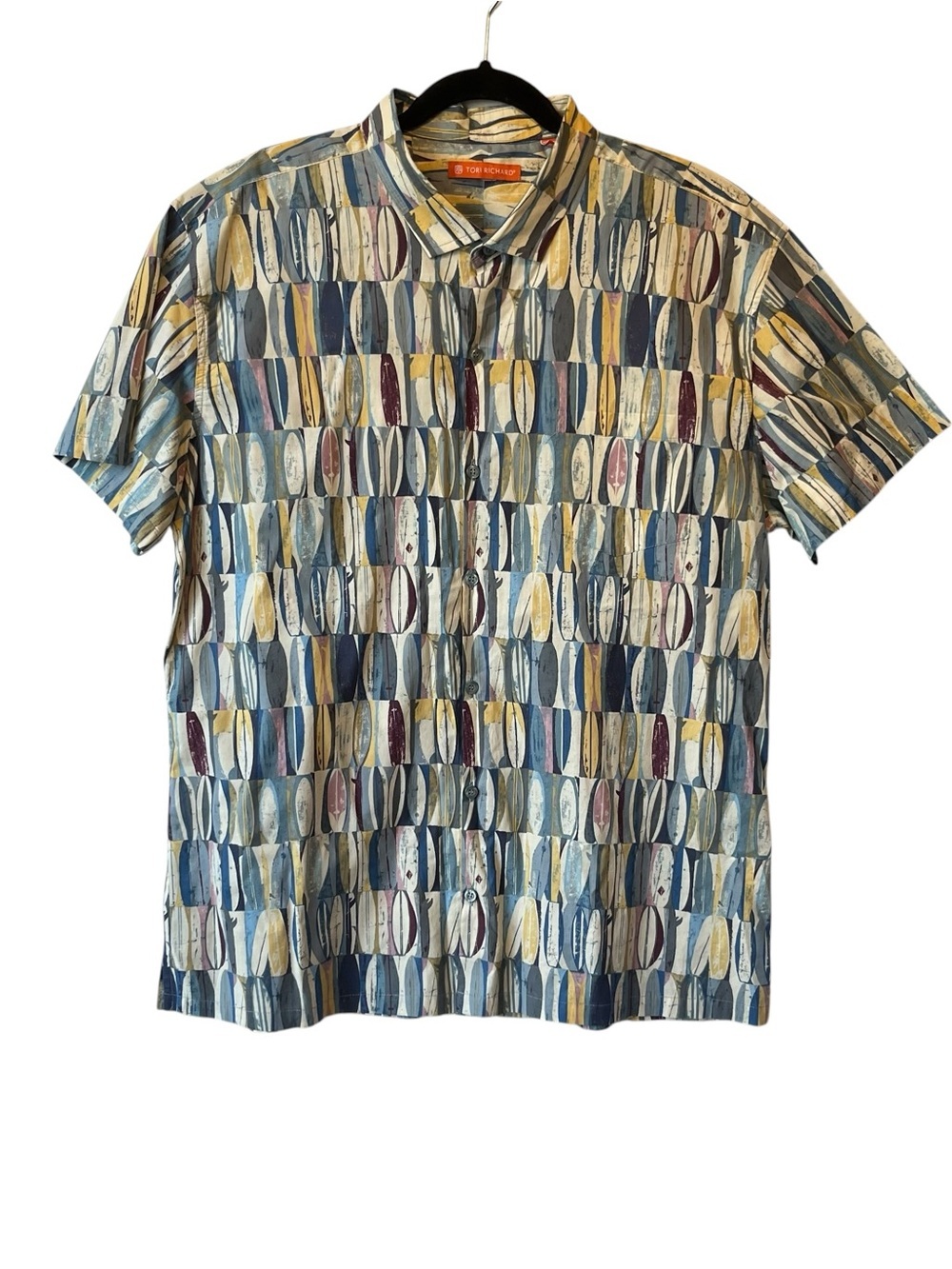 Tori Richard Made in Hawaii Button up shirt XL Blue Surfboards Surfing Cotton